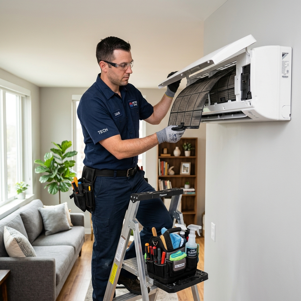 Technicien nettoyant les filtres d'une climatisation murale