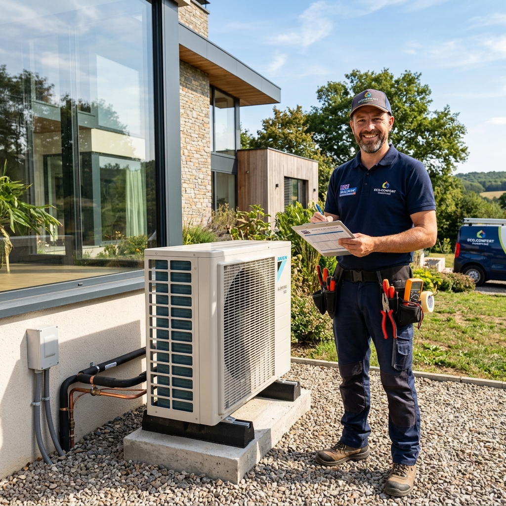 Installateur de climatisation vérifiant des connexions électriques et frigorifiques