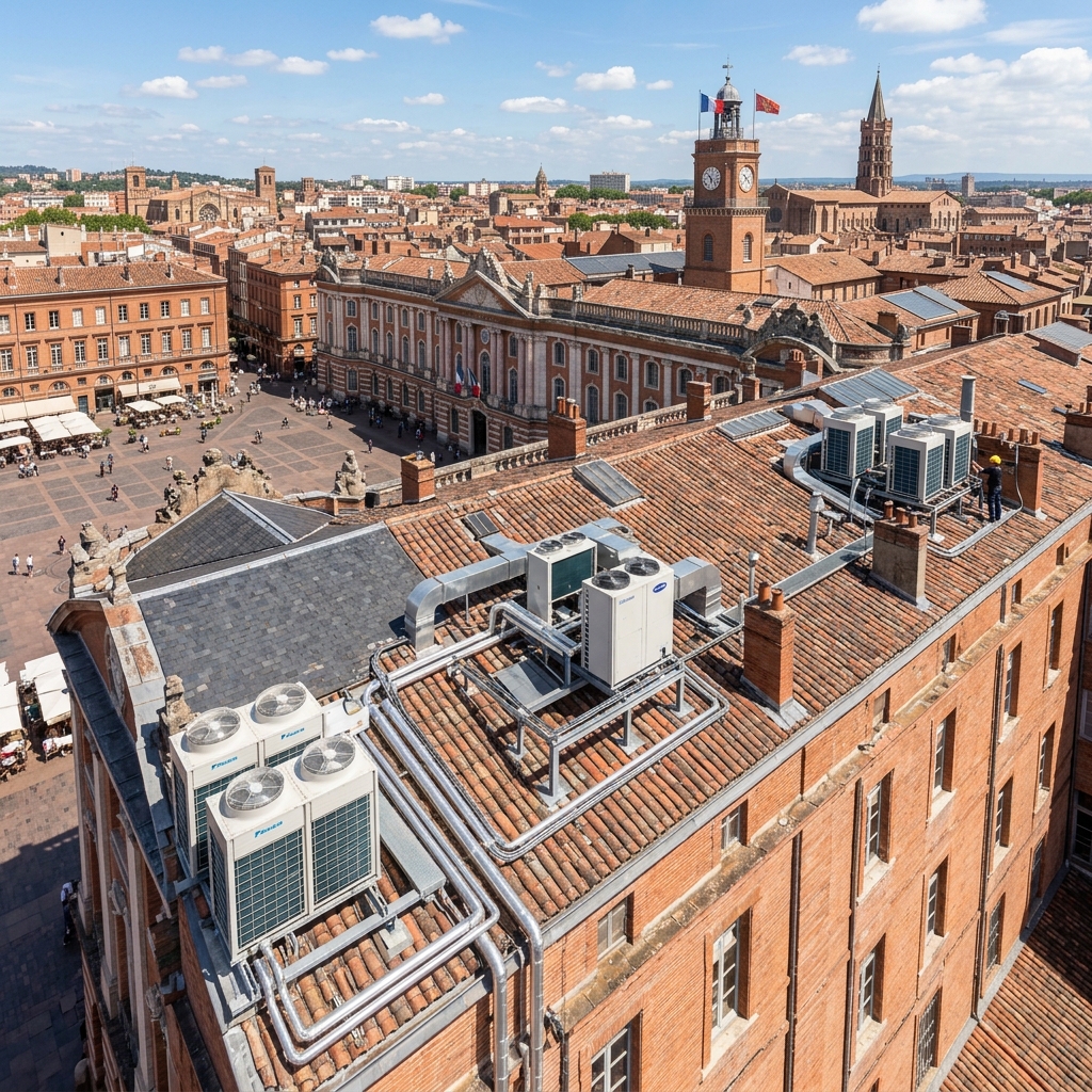 Vue des toits de Toulouse et installation de climatisation